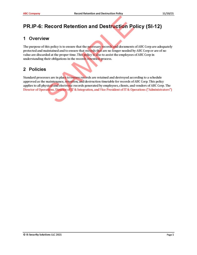 NIST Cybersecurity Policy SI12 Record Retention and Destruction